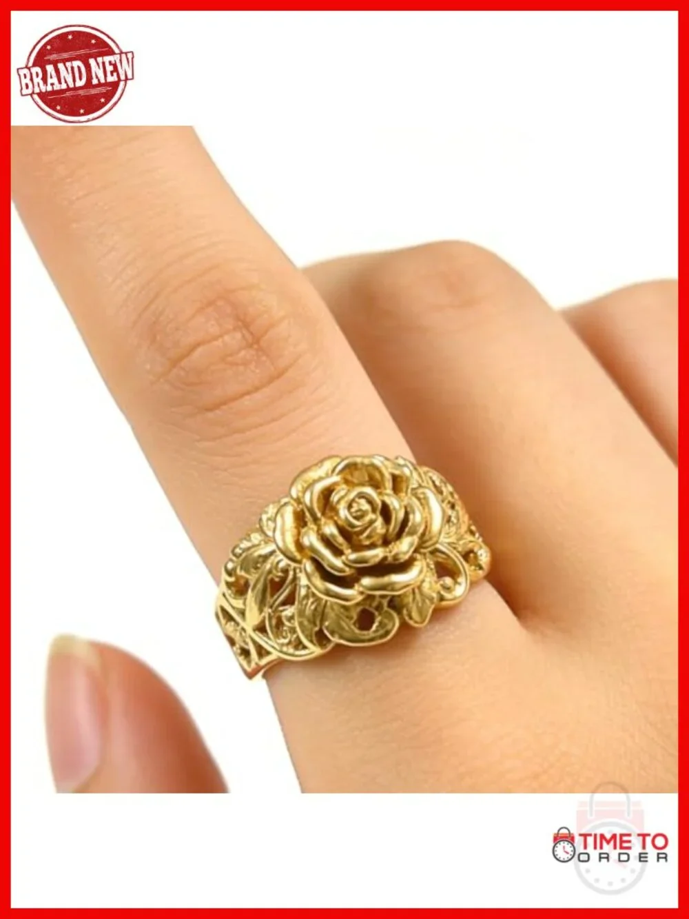 925 Sterling Silver Gold Plated Rose Ring Dainty Vintage Filigree 3D Floral Band